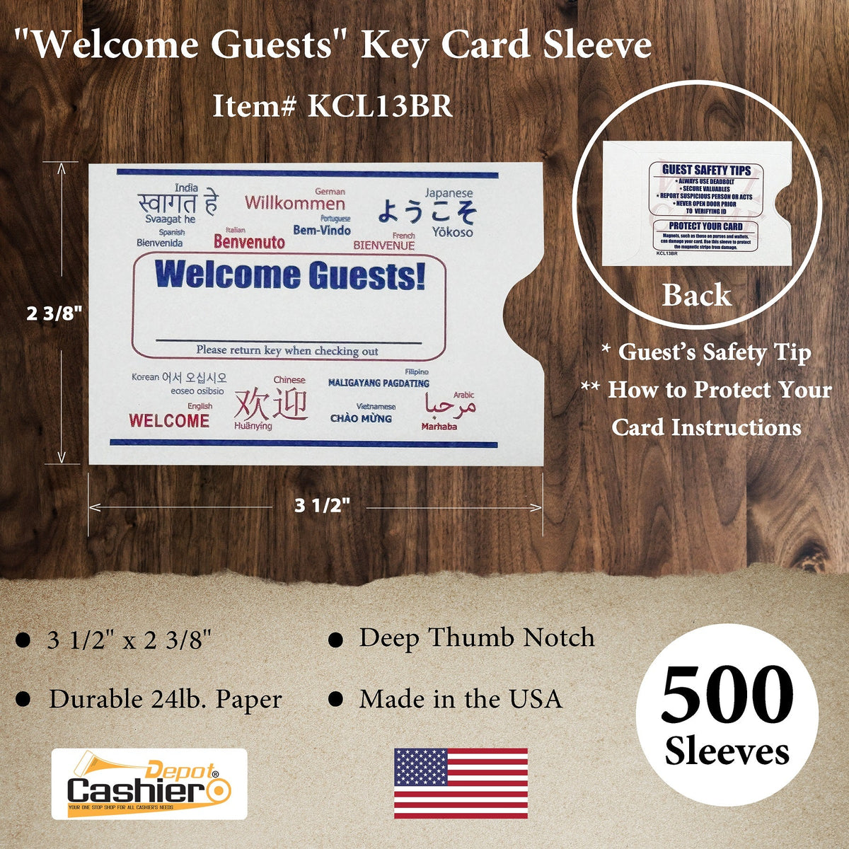 key card sleeves for hotels 500 Cashier Depot Hotel/ Motel "Welcome Guest" Key Card Sleeve, 2 3/8" X 3  1/2", Red/Blue, Sturdy 24lb. Paper, 500/Box (KCL13BR)