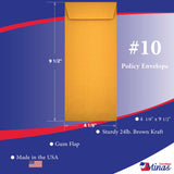 10 Policy (Open End) Envelope, 4 1/8 x 9 1/2, Sturdy 24lb. Brown Kraft, Strong Gum Flap (MPL10K) - Minas Envelope