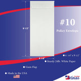 10 Policy (Open End) Envelope, 4 1/8 x 9 1/2, Sturdy 24lb. White, Strong Gum Flap (MPL10W) - Minas Envelope