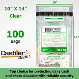 10" x 14" Clear Tamper Evident Deposit Bags, Serialized Numbering, Barcode, Press & Seal Void Closure Tape (CAS1014C) - Minas Envelope