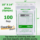 10" x 14" White Tamper Evident Deposit Bags, Serialized Numbering, Barcode, Press & Seal Void Closure Tape (CAS1014W) - Minas Envelope