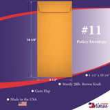 11 Policy (Open End) Envelope, 4 1/2 x 10 3/8, Heavy 28lb. Brown Kraft, Strong Gum Flap (MPL1128K) - Minas Envelope