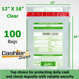 12" x 16" Clear Tamper Evident Deposit Bags, Serialized Numbering, Barcode, Press & Seal Void Closure Tape (CAS1216C) - Minas Envelope