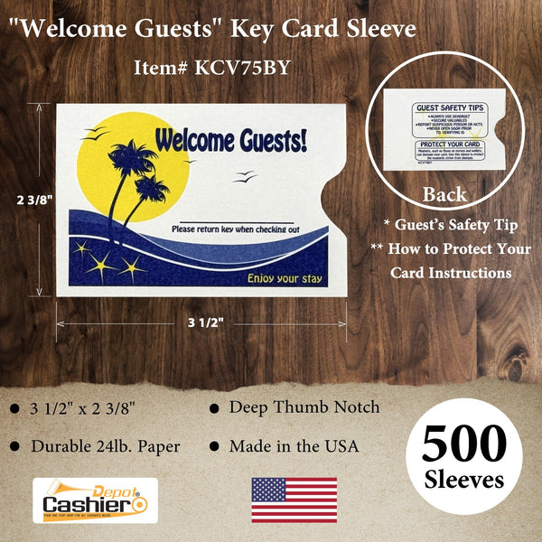 hotel card sleeves 500 Cashier Depot Hotel/ Motel "Welcome Guest" Key Card Sleeve, 2 3/8" X 3 1/2", Blue/Yellow, Sturdy 24lb. Paper, 500/Box (KCV75BY)