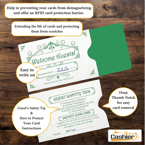 500 Cashier Depot Key Card Envelope/Sleeve Welcome Guests 2-3/8" x 3-1/2" Sturdy 24lb White Paper, 500/Box (Green) 500 Cashier Depot Key Card Envelope/Sleeve Welcome Guests 2-3/8" x 3-1/2" Sturdy 24lb White Paper, 500/Box (Green)