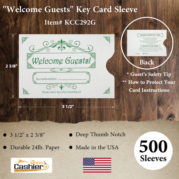 500 Cashier Depot Hotel/ Motel "Welcome Guest" Key Card Sleeve, 2 3/8" X 3 1/2", Green, Sturdy 24lb. Paper, 500/Box (KCC292G) | Minas Envelope 500 Cashier Depot Hotel/ Motel "Welcome Guest" Key Card Sleeve, 2 3/8" X 3 1/2", Green, Sturdy 24lb. Paper, 500/Box (KCC292G) | Minas Envelope