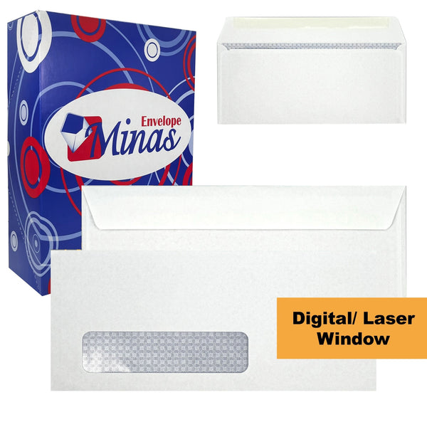 #9 Business Envelope, Left Window, 3 7/8" X 8 7/8", (Laser/Inkjet Window), Security Tinted, Sturdy 24lb. White, Gum Flap (MB9XLW) - Minas Envelope