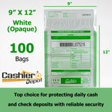 9" x 12" White Tamper Evident Deposit Bags, Serialized Numbering, Barcode, Press & Seal Void Closure Tape (CAS912W) - Minas Envelope