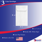 #3 Coin Envelopes, 2-1/2" X 4-1/4", Sturdy 24lb. White, Strong Gum Flap (MC315NW)