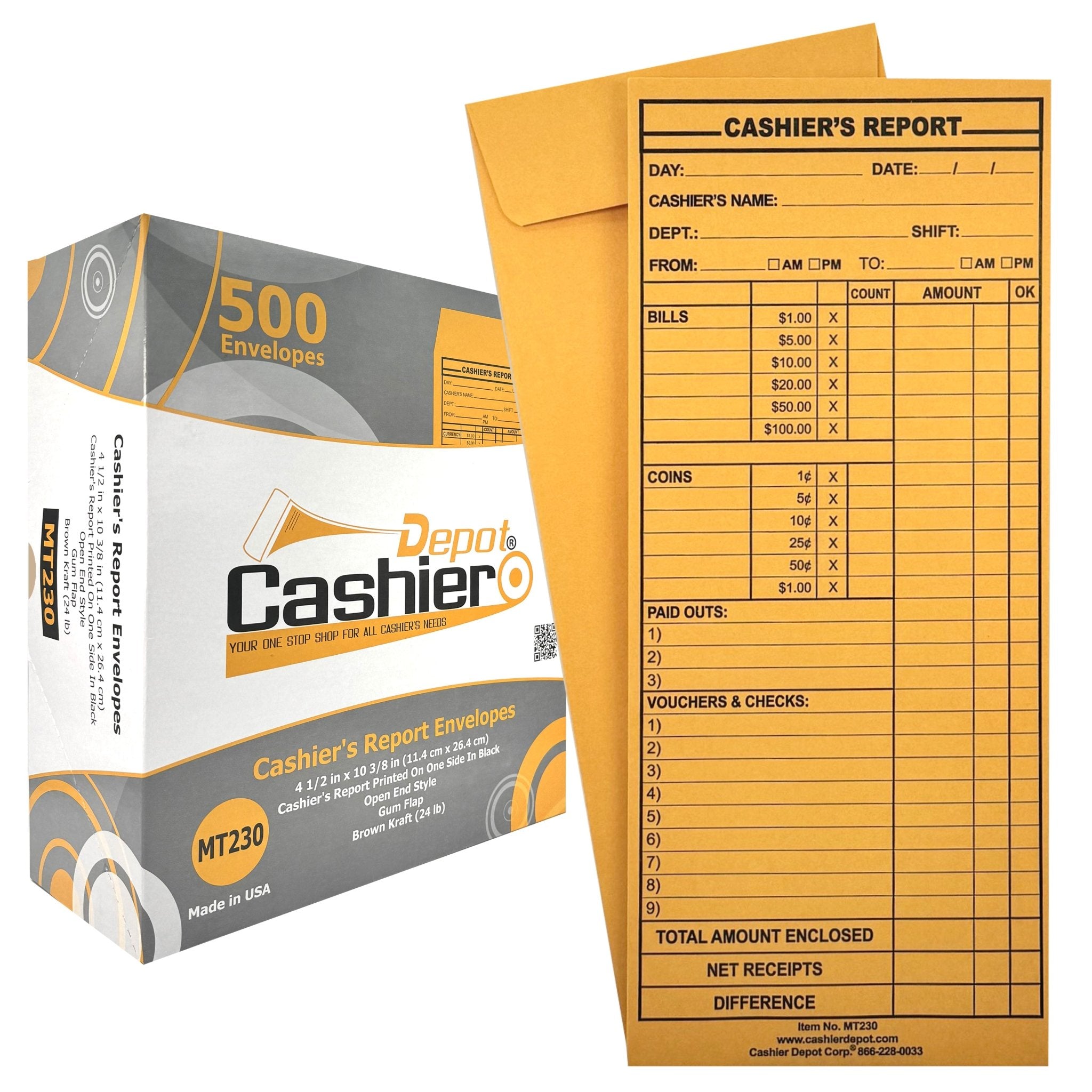 500 Cashier Depot MT230 Cashier's Report Envelope, 4 1/2 inch x 10 3/8 inch, Brown Kraft 24lb. (500 Envelopes), image size:2048x2048