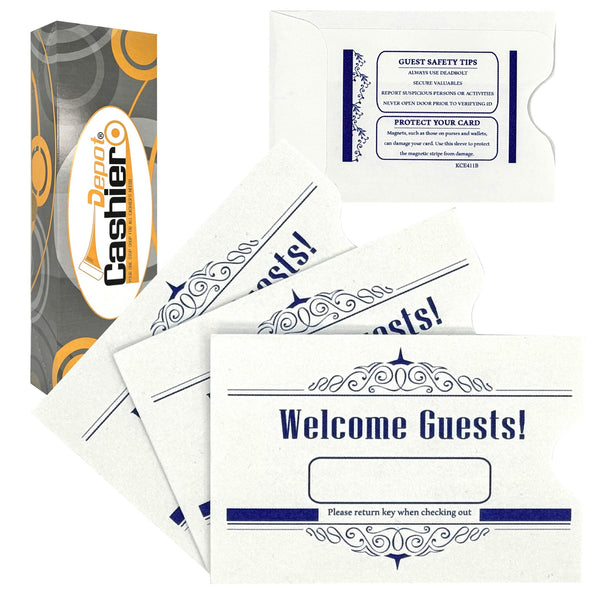 Cashier Depot "Welcome Guest" Key Card Sleeve, 2 3/8" X 3 1/2", Blue, Sturdy 24lb. Paper, 500/Box (KCE411B) | Minas Envelope Cashier Depot "Welcome Guest" Key Card Sleeve, 2 3/8" X 3 1/2", Blue, Sturdy 24lb. Paper, 500/Box (KCE411B) | Minas Envelope