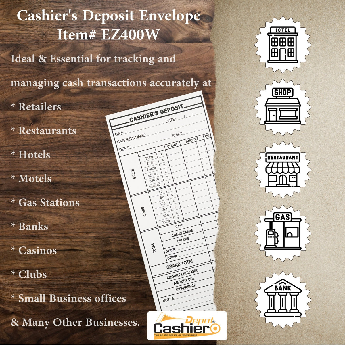 Cashier's Deposit Report Envelope EZ400W, 4 1/8